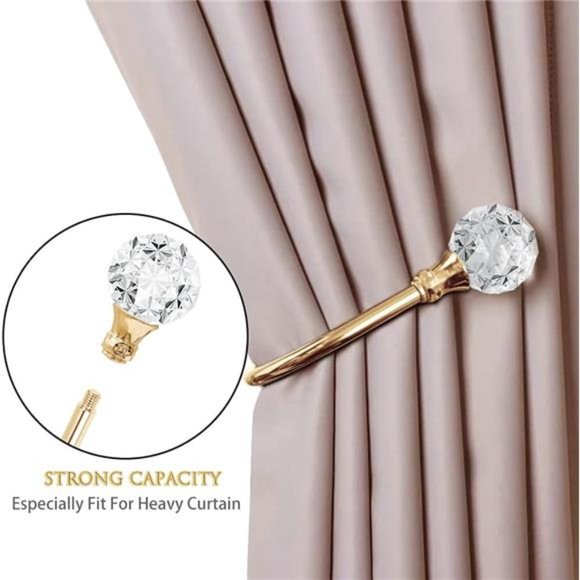 Curtain Holdbacks, Crystal Curtain Tieback Hooks Gold Metal Decorative Drapery - Picture 2 of 7